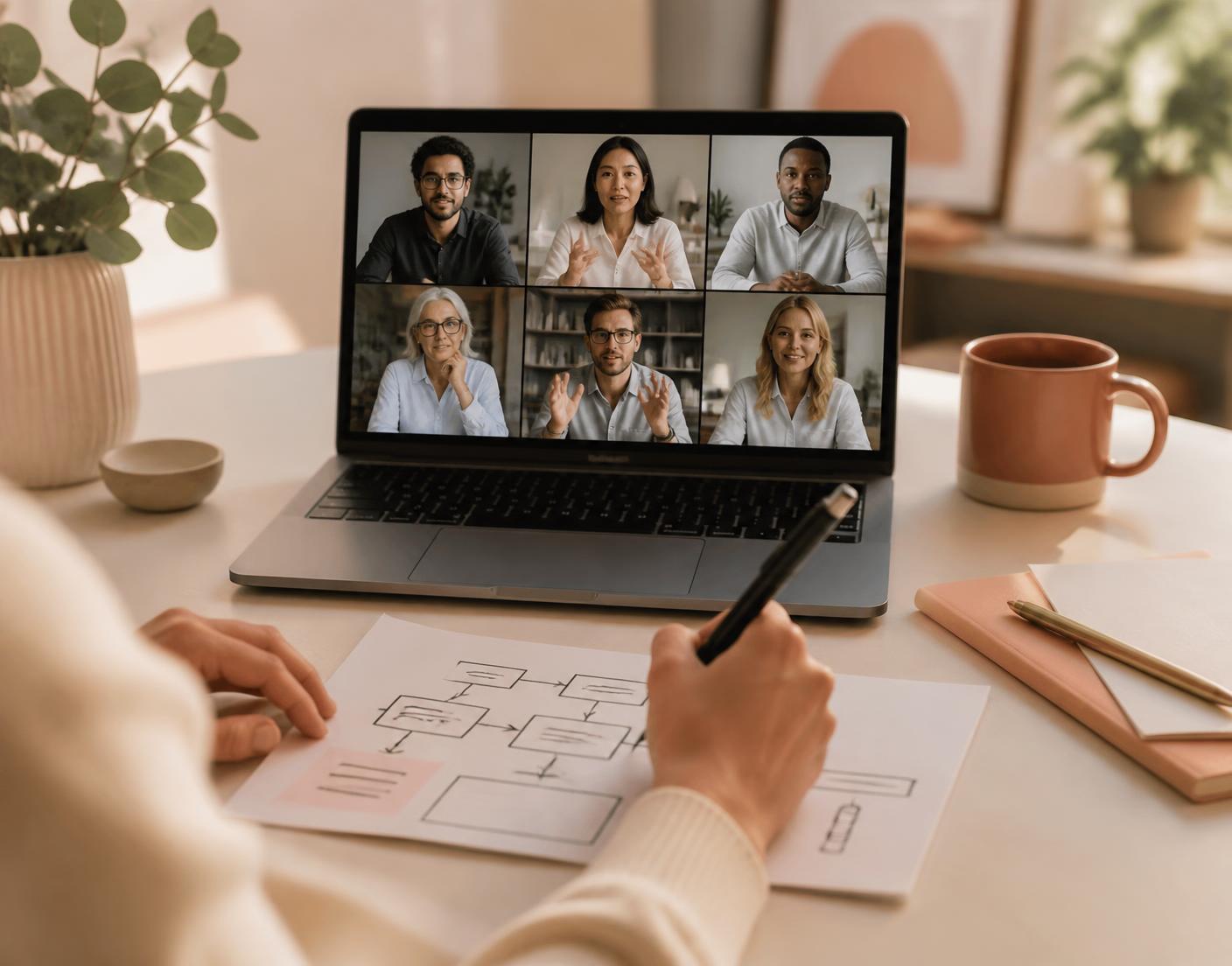 A live virtual working session with participants on screen while a workflow is sketched on paper